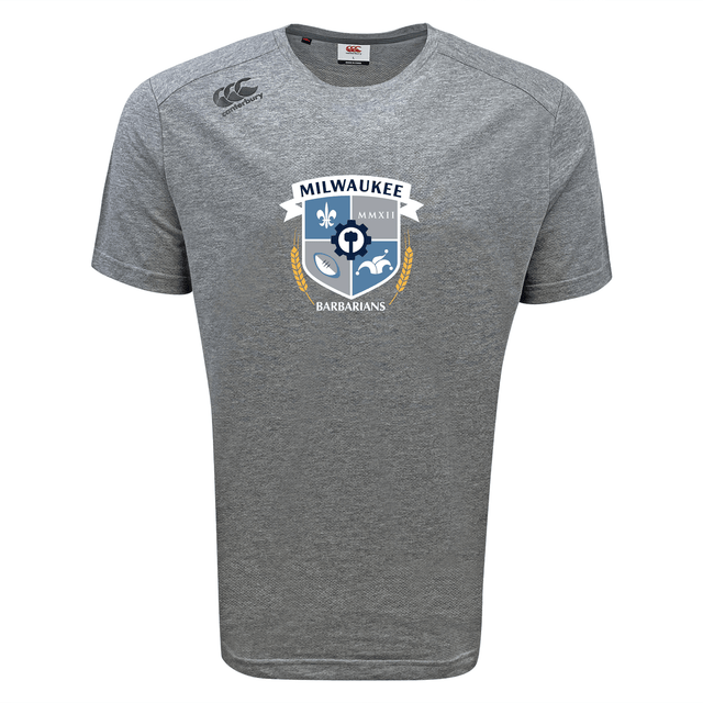 The Milwaukee Barbarians Rugby Tempo Vapodri T-Shirt by Canterbury features the club crest in blue, white, and gold on gray, with a small Canterbury logo on the shoulder. This WRS Canterbury tee offers moisture-wicking performance for athletes.