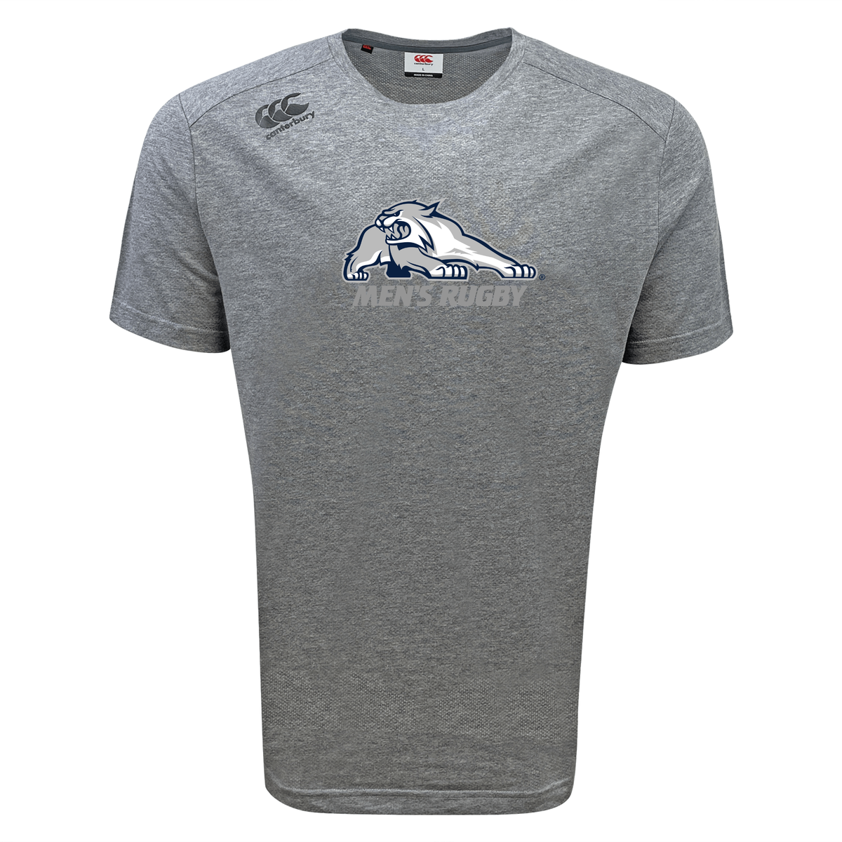 Grey University of New Hampshire Tempo Vapodri T-Shirt by Canterbury, a moisture-wicking athletic tee featuring a cougar mascot logo and the text “MEN’S RUGBY” on the chest.