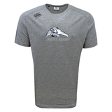 Grey University of New Hampshire Tempo Vapodri T-Shirt by Canterbury, a moisture-wicking athletic tee featuring a cougar mascot logo and the text “MEN’S RUGBY” on the chest.