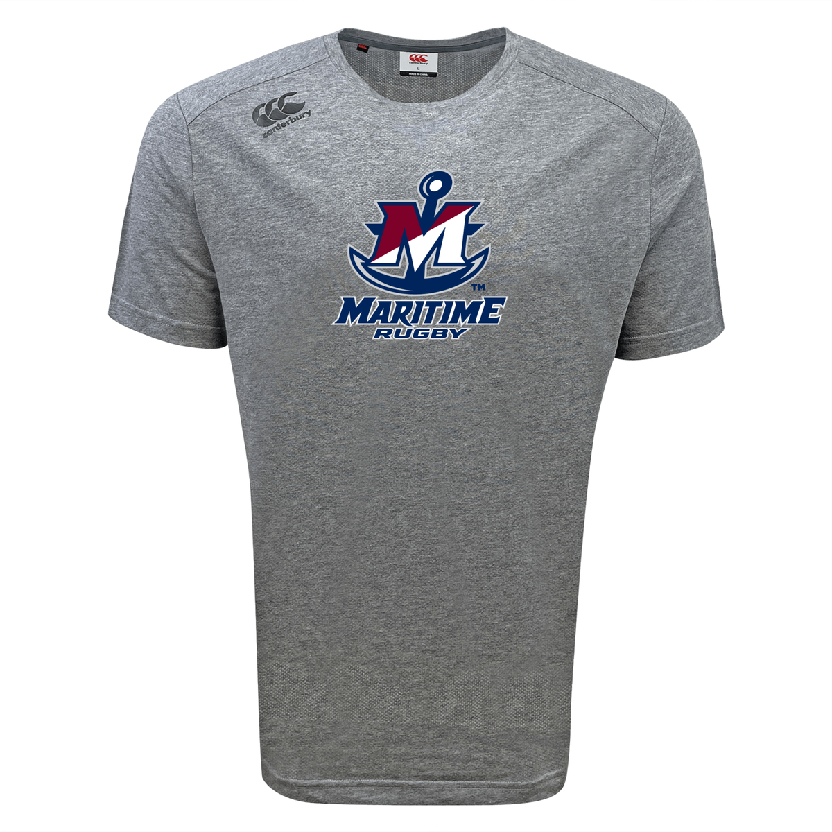Grey SUNY Maritime Men’s Rugby Tempo Vapodri T-Shirt by Canterbury with a “Maritime Rugby” anchor and letter M logo on the chest.