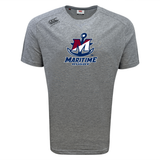 Grey SUNY Maritime Men’s Rugby Tempo Vapodri T-Shirt by Canterbury with a “Maritime Rugby” anchor and letter M logo on the chest.