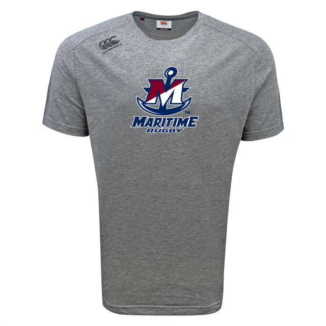 Grey SUNY Maritime Men’s Rugby Tempo Vapodri T-Shirt by Canterbury with a “Maritime Rugby” anchor and letter M logo on the chest.