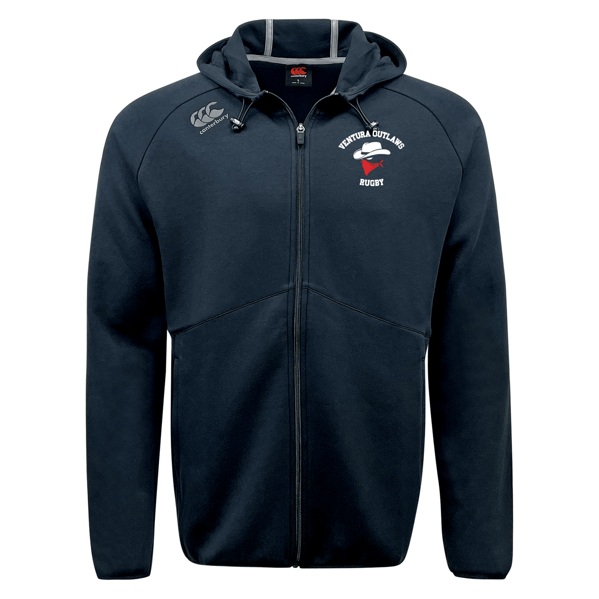 The Ventura Outlaws Rugby Tempo Vapodri Full-Zip Hoodie by Canterbury from EMB Canterbury is a moisture-wicking navy blue zip-up hoodie featuring a small embroidered logo on the left chest that reads "Ventura Outlaws Rugby" with a red and white emblem below it.