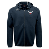 The Ventura Outlaws Rugby Tempo Vapodri Full-Zip Hoodie by Canterbury from EMB Canterbury is a moisture-wicking navy blue zip-up hoodie featuring a small embroidered logo on the left chest that reads "Ventura Outlaws Rugby" with a red and white emblem below it.