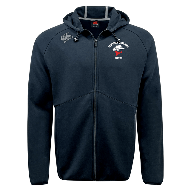 The Ventura Outlaws Rugby Tempo Vapodri Full-Zip Hoodie by Canterbury from EMB Canterbury is a moisture-wicking navy blue zip-up hoodie featuring a small embroidered logo on the left chest that reads "Ventura Outlaws Rugby" with a red and white emblem below it.