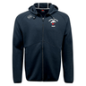 The Ventura Outlaws Rugby Tempo Vapodri Full-Zip Hoodie by Canterbury from EMB Canterbury is a moisture-wicking navy blue zip-up hoodie featuring a small embroidered logo on the left chest that reads "Ventura Outlaws Rugby" with a red and white emblem below it.