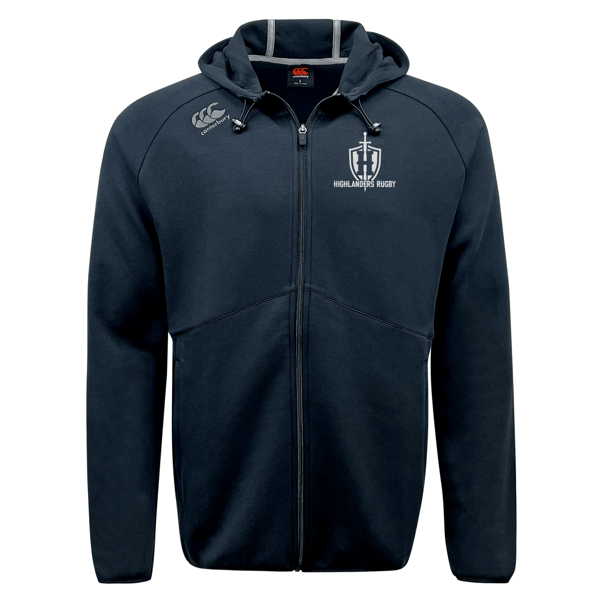 The Highlanders Rugby NC Tempo Vapodri Full-Zip Hoodie by EMB Canterbury in navy blue features a Highlanders Rugby logo on the left chest, a small white embroidery on the right chest, and an adjustable drawstring hood. This moisture-wicking hoodie ensures both style and performance with its iconic Canterbury branding.