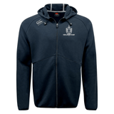 The Highlanders Rugby NC Tempo Vapodri Full-Zip Hoodie by EMB Canterbury in navy blue features a Highlanders Rugby logo on the left chest, a small white embroidery on the right chest, and an adjustable drawstring hood. This moisture-wicking hoodie ensures both style and performance with its iconic Canterbury branding.