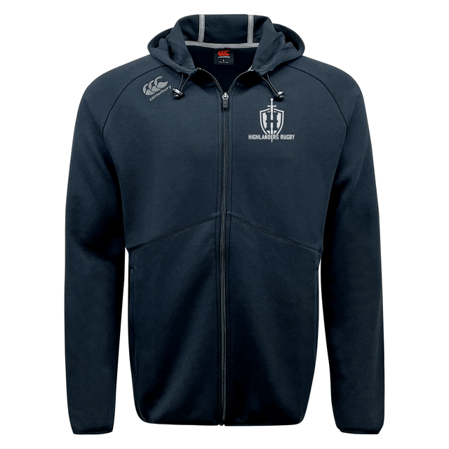 The Highlanders Rugby NC Tempo Vapodri Full-Zip Hoodie by EMB Canterbury in navy blue features a Highlanders Rugby logo on the left chest, a small white embroidery on the right chest, and an adjustable drawstring hood. This moisture-wicking hoodie ensures both style and performance with its iconic Canterbury branding.