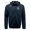 The Highlanders Rugby NC Tempo Vapodri Full-Zip Hoodie by EMB Canterbury in navy blue features a Highlanders Rugby logo on the left chest, a small white embroidery on the right chest, and an adjustable drawstring hood. This moisture-wicking hoodie ensures both style and performance with its iconic Canterbury branding.