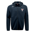 The EMB Canterbury Superior Rugby Club Tempo VapoDri Full-Zip Hoodie in navy features a hood, moisture-wicking fabric, the Canterbury logo on the right chest, and a "Superior Rugby" crest on the left for comfort and style.