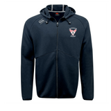 The EMB Canterbury Superior Rugby Club Tempo VapoDri Full-Zip Hoodie in navy features a hood, moisture-wicking fabric, the Canterbury logo on the right chest, and a "Superior Rugby" crest on the left for comfort and style.