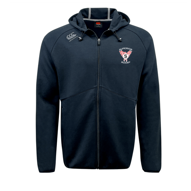 The EMB Canterbury Superior Rugby Club Tempo VapoDri Full-Zip Hoodie in navy features a hood, moisture-wicking fabric, the Canterbury logo on the right chest, and a "Superior Rugby" crest on the left for comfort and style.