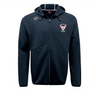 The EMB Canterbury Superior Rugby Club Tempo VapoDri Full-Zip Hoodie in navy features a hood, moisture-wicking fabric, the Canterbury logo on the right chest, and a "Superior Rugby" crest on the left for comfort and style.
