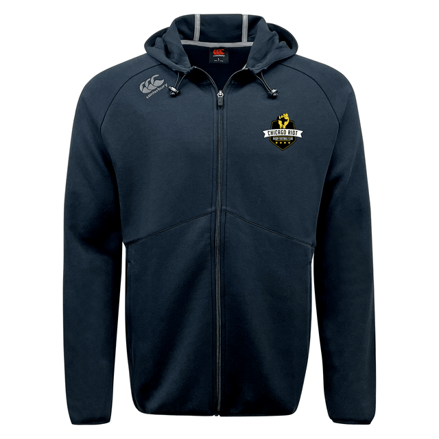 The EMB Canterbury Chicago Riot Tempo Vapodri Full-Zip Hoodie features a hood, moisture-wicking fabric, and displays the "Chicago Riot" logo on the left chest with the Canterbury logo on the right shoulder for all-day comfort.
