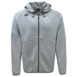 Light gray Missoula All-Maggots Tempo Vapodri Full-Zip Hoodie by EMB Canterbury, featuring a zip-up front, hood with drawstrings, long sleeves, and two small white chest logos; this moisture-wicking Canterbury hoodie is shown on a plain white background.