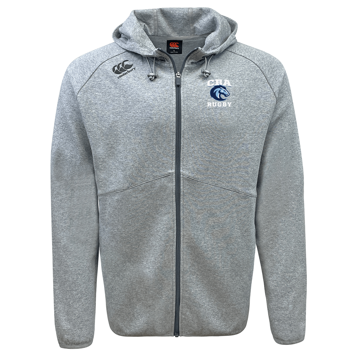 The Christian Brothers Academy Rugby Tempo VapoDri Full-Zip Hoodie by EMB Canterbury showcases a "CRA Rugby" logo on the left chest and a small logo on the right shoulder. This gray hoodie features a moisture-wicking hood with drawstrings and visible stitching, ideal for active comfort.