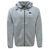 The Christian Brothers Academy Rugby Tempo VapoDri Full-Zip Hoodie by EMB Canterbury showcases a "CRA Rugby" logo on the left chest and a small logo on the right shoulder. This gray hoodie features a moisture-wicking hood with drawstrings and visible stitching, ideal for active comfort.
