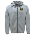 The Gotham Knights Tempo VapoDri Full-Zip Hoodie by EMB Canterbury features a gray design with a front logo showcasing a lion and shield on the left chest, complemented by another logo on the right chest. It includes a drawstring hood, full-length sleeves, and Canterbury branding. Additionally, its VapoDri technology ensures moisture-wicking comfort throughout your activities.