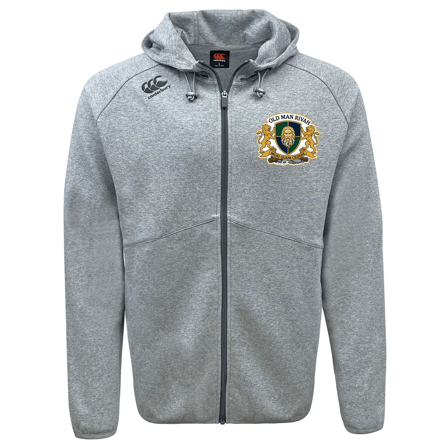 The Old Man Rivah Rugby Tempo VapoDri Full-Zip Hoodie by EMB Canterbury features a light grey design, "Old Man Rugby" crest on the left chest, Canterbury logo on the right shoulder, and moisture-wicking fabric for all-day comfort.