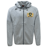 The Old Man Rivah Rugby Tempo VapoDri Full-Zip Hoodie by EMB Canterbury features a light grey design, "Old Man Rugby" crest on the left chest, Canterbury logo on the right shoulder, and moisture-wicking fabric for all-day comfort.