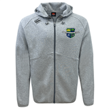 The Kingwood Rugby Tempo Vapodri Full-Zip Hoodie by EMB Canterbury features light grey fabric, a drawstring hood, black zipper, and an embroidered left-chest crest with green, blue, and yellow accents. Moisture-wicking for all-day comfort.