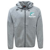 The NC Rugby Academy - Megalodons Tempo Vapodri Full-Zip Hoodie by EMB Canterbury features a light grey design with "Megalodons Rugby Academy," a shark logo, zip front, hood with drawstrings, and moisture-wicking VapoDri fabric—perfect for training or casual wear.