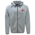 Light grey SF CDME Rugby Tempo Vapodri Full-Zip Hoodie by EMB Canterbury, featuring a zip-up front with a hood, two front pockets, a red cross logo on the left chest, and a black logo on the right shoulder. This hoodie is made with VapoDri moisture-wicking fabric to keep you comfortable and dry all day long.