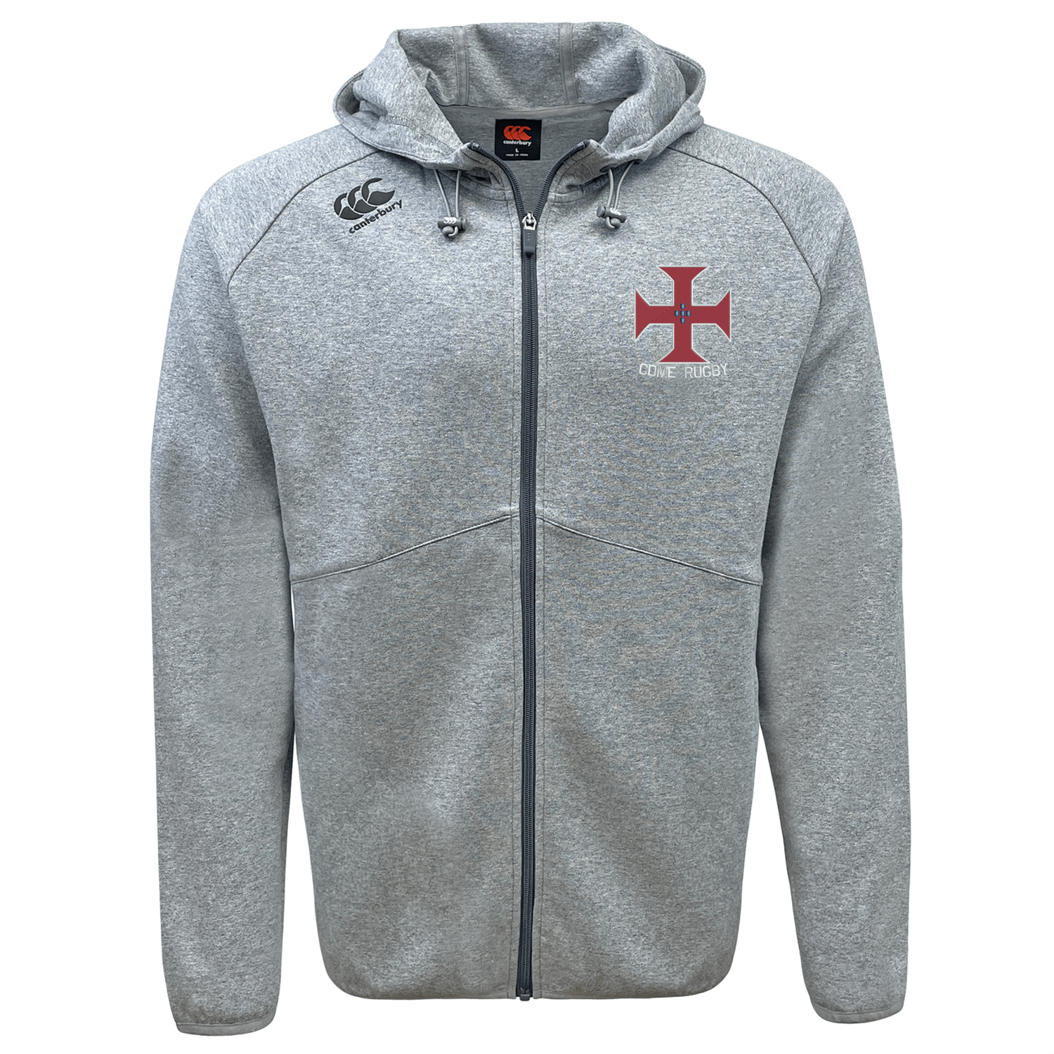 Light grey SF CDME Rugby Tempo Vapodri Full-Zip Hoodie by EMB Canterbury, featuring a zip-up front with a hood, two front pockets, a red cross logo on the left chest, and a black logo on the right shoulder. This hoodie is made with VapoDri moisture-wicking fabric to keep you comfortable and dry all day long.