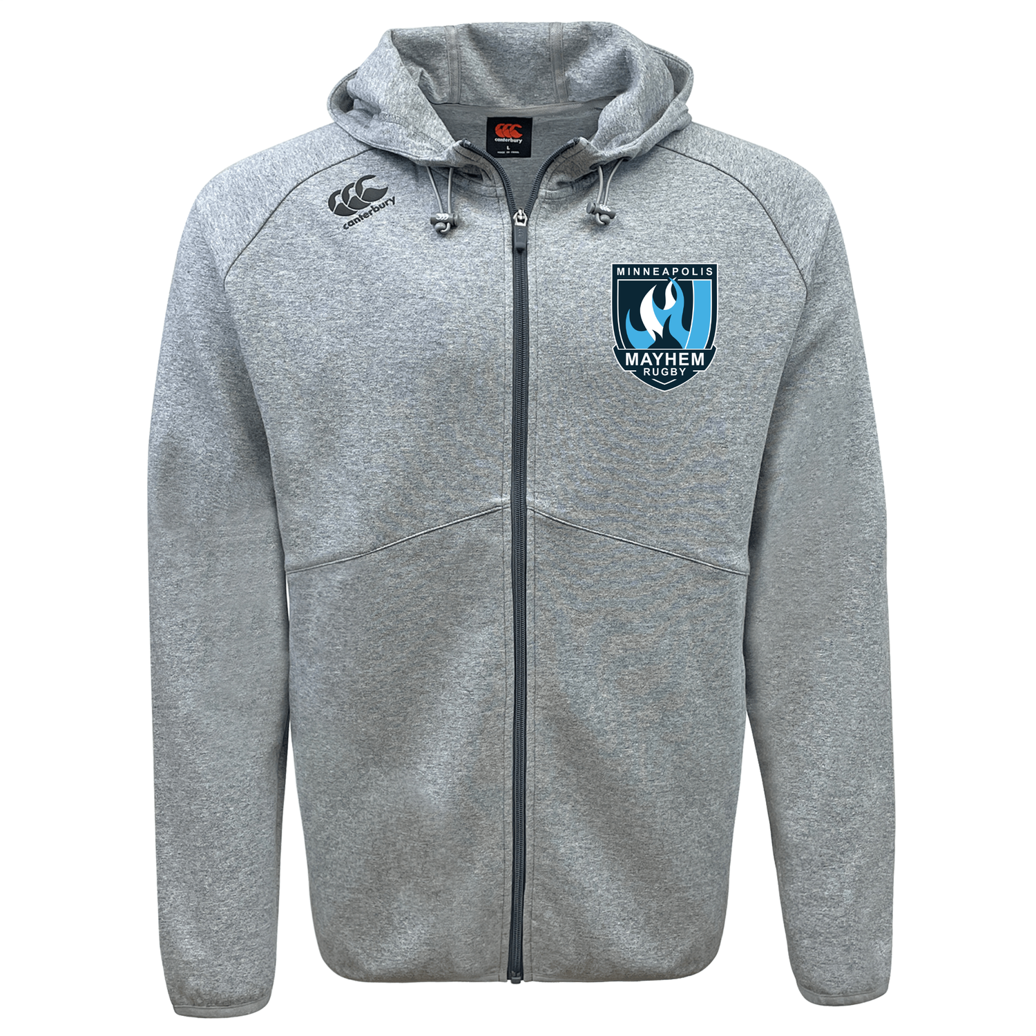 Introducing the Minneapolis Mayhem Rugby Tempo Vapodri Full-Zip Hoodie by EMB Canterbury—a light gray zip-up hoodie with a hood and adjustable drawstrings. It features the “Minneapolis Mayhem Rugby” logo on the left chest and a small Canterbury logo on the right shoulder. Made with moisture-wicking Vapodri technology, this hoodie is designed for comfort, making it perfect for both training sessions and everyday wear.