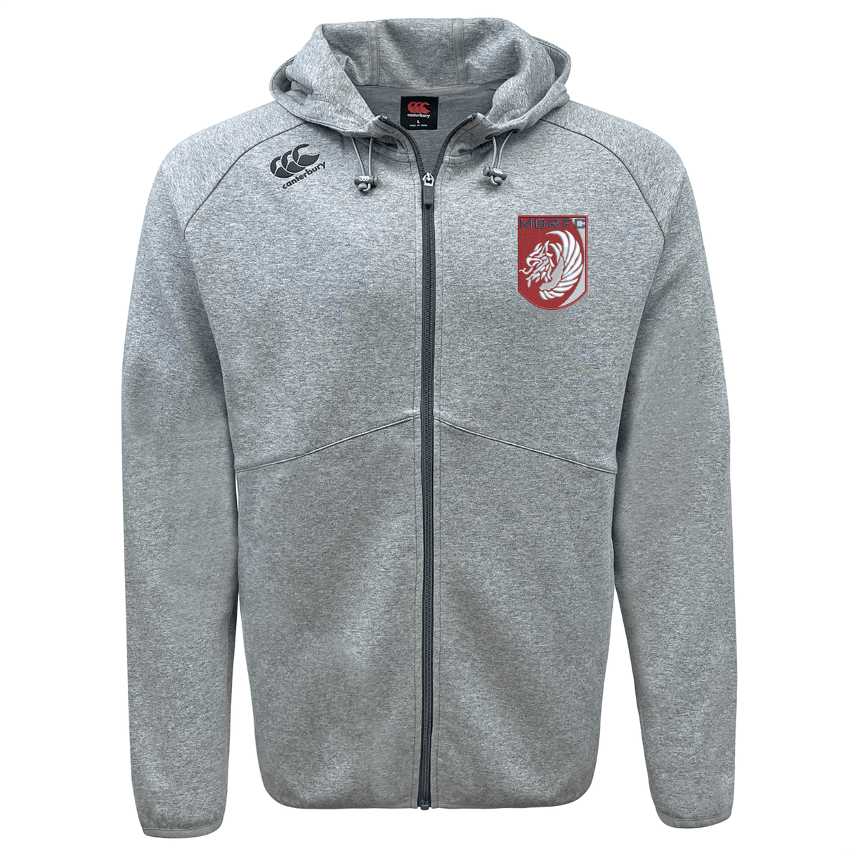 Stay comfortable in the Montgomery Bucks Griffins Tempo Vapodri Full-Zip Hoodie by EMB Canterbury, featuring a hood, front pockets, drawstrings, red and white lion crest on the left chest, and black Canterbury logo on the right. Moisture-wicking fabric.
