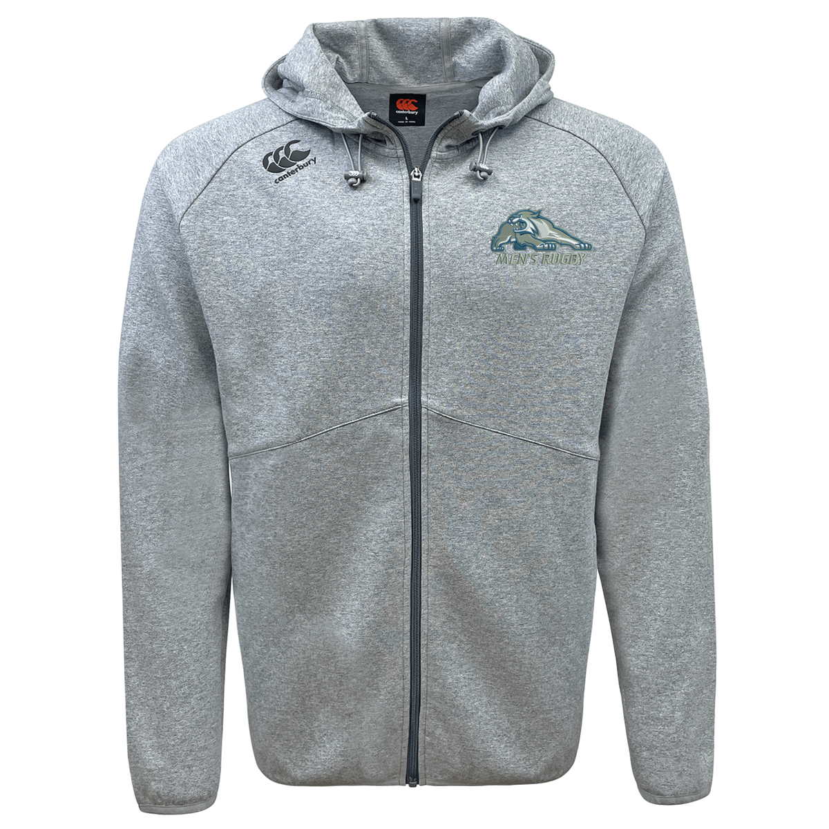 University of New Hampshire Tempo Vapodri Full-Zip Hoodie by Canterbury in gray, featuring a cat logo and “Men’s Rugby” text on the chest.
