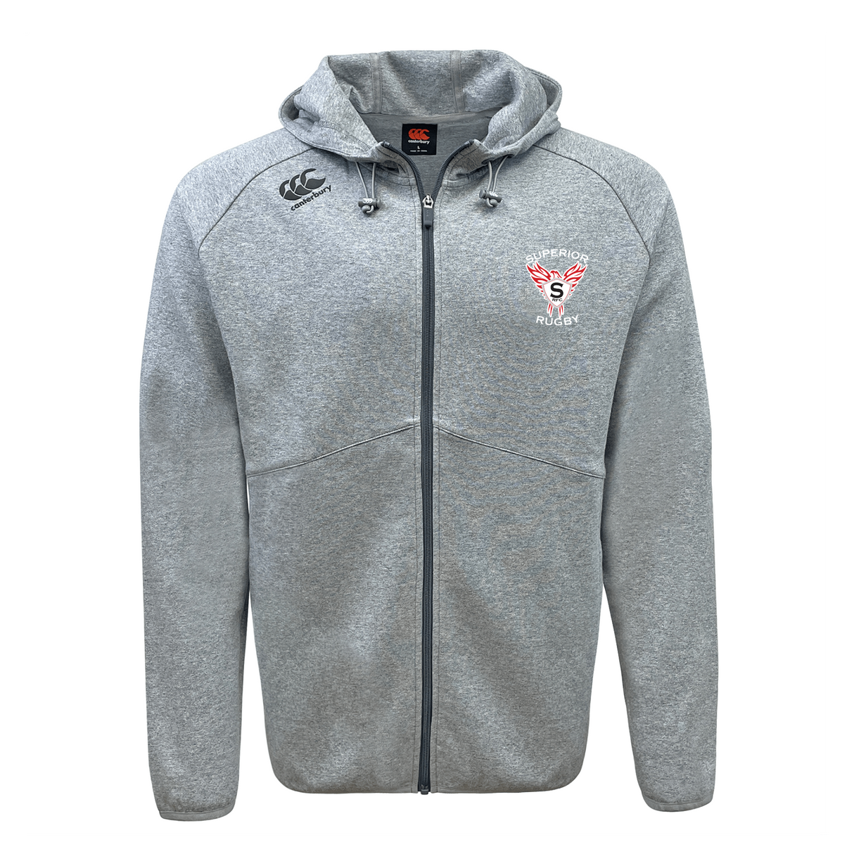 The EMB Canterbury Superior Rugby Club Tempo Vapodri Full-Zip Hoodie is light gray with a hood, drawstrings, front pockets, moisture-wicking fabric, and two chest logos—one on each side.