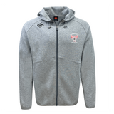 The EMB Canterbury Superior Rugby Club Tempo Vapodri Full-Zip Hoodie is light gray with a hood, drawstrings, front pockets, moisture-wicking fabric, and two chest logos—one on each side.