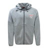 The EMB Canterbury Superior Rugby Club Tempo Vapodri Full-Zip Hoodie is light gray with a hood, drawstrings, front pockets, moisture-wicking fabric, and two chest logos—one on each side.
