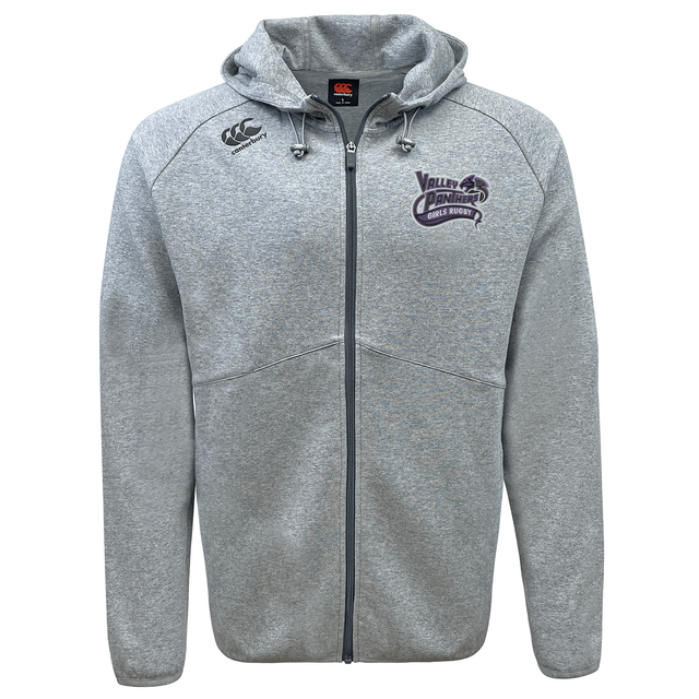 Valley Panthers Girls Rugby Tempo Vapodri Full-Zip Hoodie by EMB Canterbury in light grey, featuring a hood, drawstrings, and embroidered Canterbury and Valley Panthers Wheelchair Rugby logos on the chest. The moisture-wicking Vapodri technology keeps you comfortable and dry.