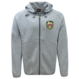 The RVA T.R.C. Tempo Vapodri Full-Zip Hoodie by EMB Canterbury is a light gray hoodie featuring a hood, drawstrings, and two badges: the “Canterbury” logo on the right shoulder and the “RVA” crest on the left chest. Crafted with moisture-wicking VapoDri fabric, this Canterbury hoodie keeps you comfortable all day long.