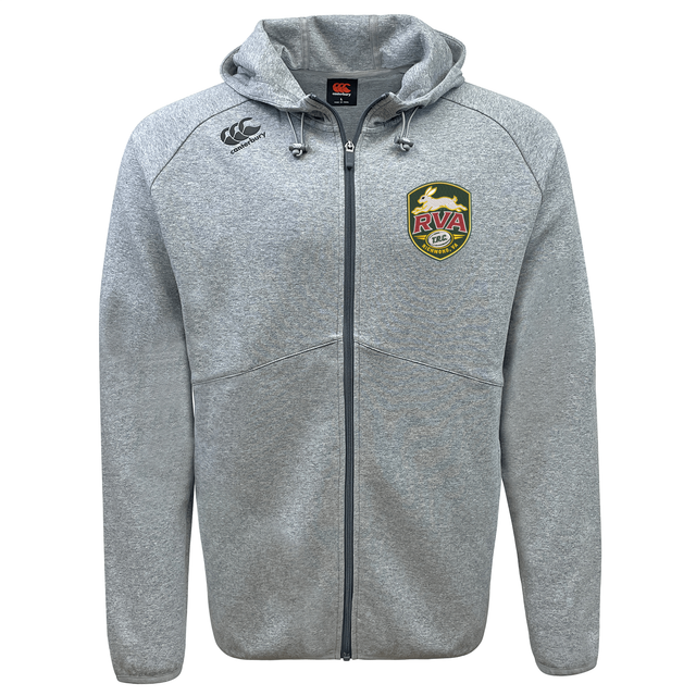 The RVA T.R.C. Tempo Vapodri Full-Zip Hoodie by EMB Canterbury is a light gray hoodie featuring a hood, drawstrings, and two badges: the “Canterbury” logo on the right shoulder and the “RVA” crest on the left chest. Crafted with moisture-wicking VapoDri fabric, this Canterbury hoodie keeps you comfortable all day long.