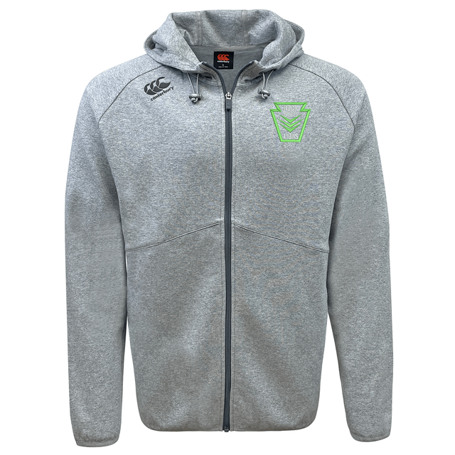 Grey Rock Rugby Tempo Vapodri Full-Zip Hoodie by Canterbury, featuring long sleeves, a logo on the right chest, and a green shield graphic on the left chest.