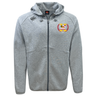 The Potomac Exiles Rugby Club Tempo Vapodri Full-Zip Hoodie by Canterbury is a light gray zip-up hoodie with a drawstring hood, featuring moisture-wicking fabric for comfort. It displays a crest in Maryland flag colors on the left chest and a black EMB Canterbury logo on the right chest, offering classic style and performance inspired by the CCC VapoDri Full-Zip Hoodie.