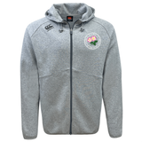 The Society of Iowa Rugby Referees Tempo Vapodri Full-Zip Hoodie by Canterbury is a light gray zip-up hoodie featuring a hood, drawstrings, and two front pockets. Made with moisture-wicking fabric, it showcases a pink and yellow floral logo on the left chest and an EMB Canterbury black brand logo on the right shoulder.