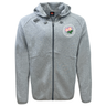 The Society of Iowa Rugby Referees Tempo Vapodri Full-Zip Hoodie by Canterbury is a light gray zip-up hoodie featuring a hood, drawstrings, and two front pockets. Made with moisture-wicking fabric, it showcases a pink and yellow floral logo on the left chest and an EMB Canterbury black brand logo on the right shoulder.