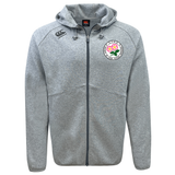 Introducing the Society of Iowa Rugby Referees Tempo Vapodri Full-Zip Hoodie by EMB Canterbury—a light gray hooded zip-up jacket showcasing the Society of Iowa Rugby Referees logo on the left chest and an EMB Canterbury brand logo on the right. Crafted with Vapodri moisture-wicking technology, this hoodie keeps you comfortable all day, making it ideal for both active days and casual wear.