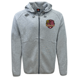 Light gray zip-up Godzilla Rugby Football Club Tempo Vapodri Full-Zip Hoodie by EMB Canterbury, featuring a hood, “Gonzila” emblem, and Canterbury logo on the chest. Designed with CCC VapoDri technology for exceptional moisture-wicking comfort in everyday wear.