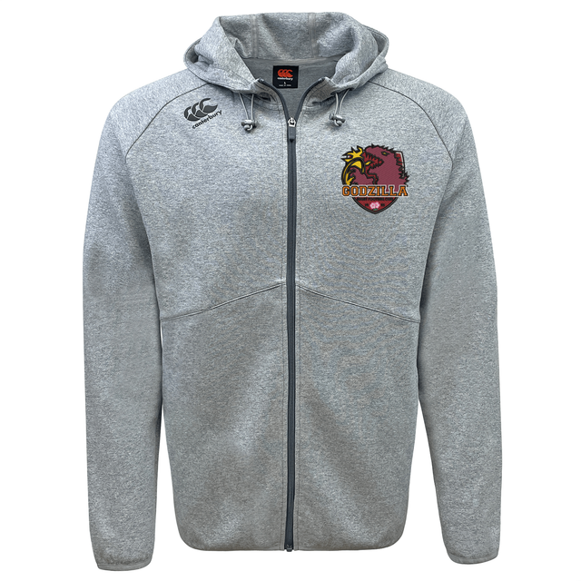 Light gray zip-up Godzilla Rugby Football Club Tempo Vapodri Full-Zip Hoodie by EMB Canterbury, featuring a hood, “Gonzila” emblem, and Canterbury logo on the chest. Designed with CCC VapoDri technology for exceptional moisture-wicking comfort in everyday wear.