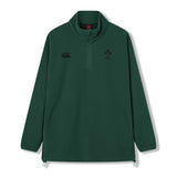 The Ireland 26 Retro Fleece 1/4 Zip by Canterbury is a dark green, long-sleeve pullover inspired by the classic rugby fleece design. It features two black embroidered Canterbury logos on the chest, an adjustable drawstring at the hem, and combines vintage style with modern comfort.
