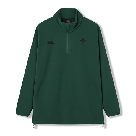 The Ireland 26 Retro Fleece 1/4 Zip by Canterbury is a dark green, long-sleeve pullover inspired by the classic rugby fleece design. It features two black embroidered Canterbury logos on the chest, an adjustable drawstring at the hem, and combines vintage style with modern comfort.