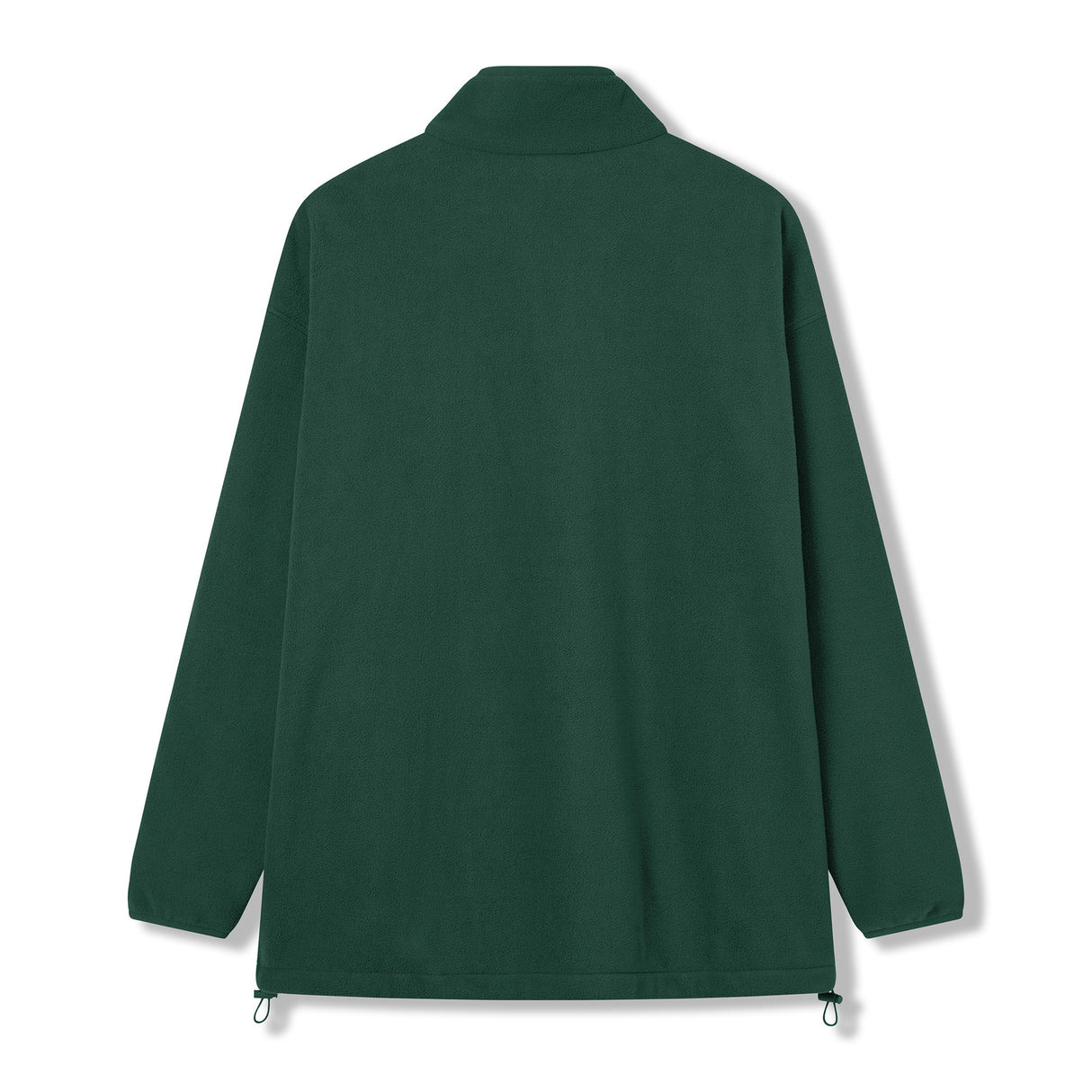 A long-sleeve, forest green Ireland 26 Retro Fleece 1/4 Zip by Canterbury shown from the back, featuring a high collar and adjustable drawstrings at the hem, inspired by classic rugby fleece designs.