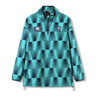 The Ireland 26 Retro Fleece 1/4 Zip by Canterbury is a long-sleeve pullover featuring a teal and navy geometric pattern, a zip collar, and embroidered chest logos. Designed in the classic Canterbury 1/4 Zip style, this rugby fleece is shown on a plain white background.