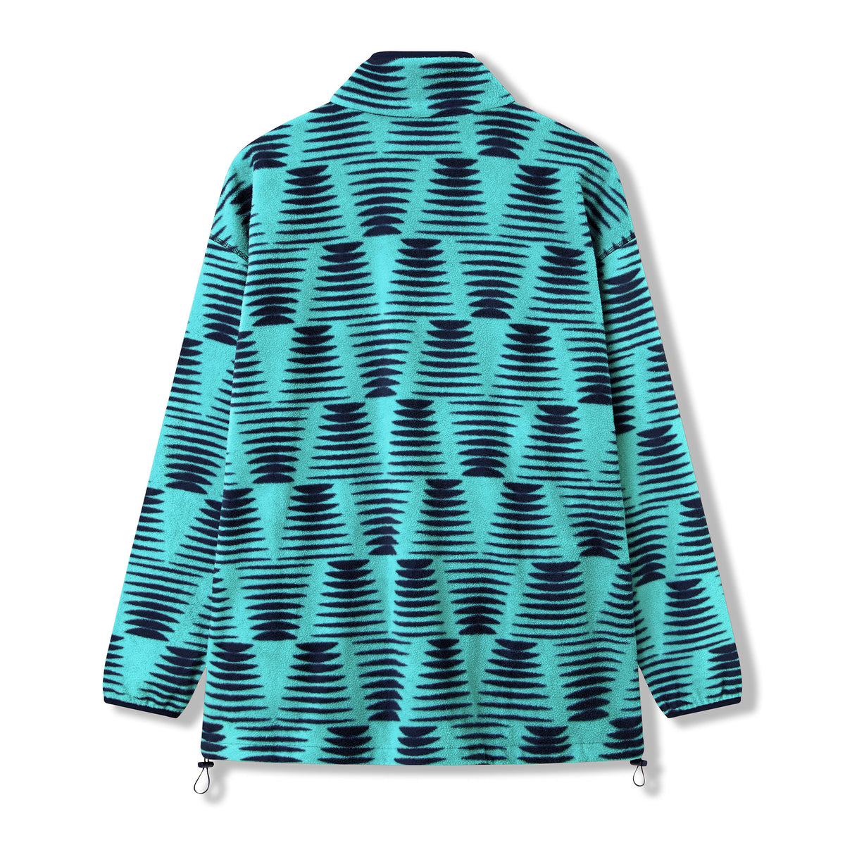 A turquoise Canterbury Ireland 26 Retro Fleece 1/4 Zip jacket, featuring a navy blue wave-like geometric pattern and adjustable drawstrings at the hem, shown from the back—reminiscent of classic rugby fleeces.